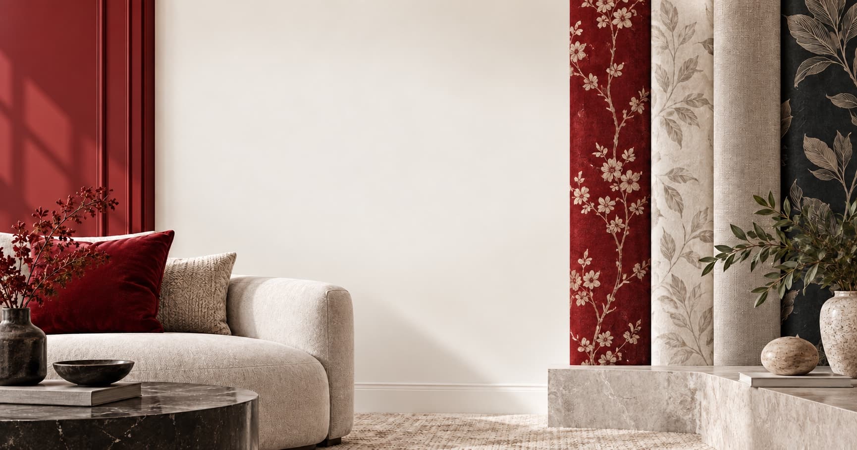 Ruby Interiors living room with burgundy accents and a curated wallpaper display